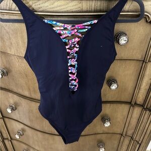 Lilly Pulitzer. Navy One-Piece Swimsuit with Colorful Lace-Up Detail